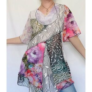 Paris Hues | Flowy Patchwork Y2k Whimsical Blouse Cowl-Neck Tunic
